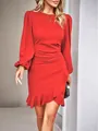 Elegant red long-sleeved bodycon dress featuring a stylish ruffled mermaid hemline design - S / Top And Bottom / Red
