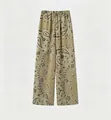 Vintage paisley print wide-leg trousers in beige color for chic summer fashion look - S / Bottoms / Light Khaki Green
