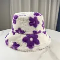 Close-up of the soft plush texture and purple floral pattern on white bucket hat - M (56-58cm) / Purple
