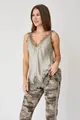 Elegant silk camisole with lace trim paired with trendy camouflage print trousers for women. - S / Tops / Gray