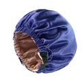 Close-up detail of the adjustable elastic buckle on a double-layer satin sleep cap - One Size / Navy Blue