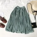 Elegante blusa de gasa plisada vintage con lazo en el escote en V y manga larga - Talla única / Tops / Verde