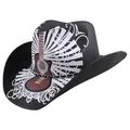 Black straw western cowboy hat featuring unique guitar print and metal chain accent - Guitar Pattern Print Style / Black