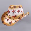 Western style straw cowboy hat with red and brown star print for summer beach parties - Five-Pointed Star Print Style / Khaki