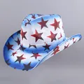 Western cowboy hat for men and women featuring patriotic star print and blue gradient brim - Five-Pointed Star Print Style / Blue