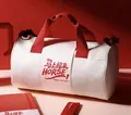 Multifunctional white and red cylinder gym bag with festive New Year theme design - White + Red