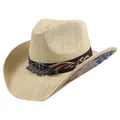 Western cowboy straw hat for men and women with USA flag band and metal wing emblem - USA Eagle Wing Badge Style / Beige