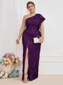 Elegantes lila Pailletten-Abendkleid mit One-Shoulder-Schnitt und hohem Beinschlitz. - 0XL / Oberteile / Lila