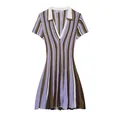 Close-up detail of purple and brown striped knit mini dress with V-neck polo collar - XS / Tops / Multi-color Striped
