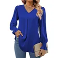 Elegant royal blue satin v-neck blouse with long sleeves and flared shirred cuffs - S / Tops / Blue
