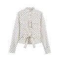 Elegant white long sleeve blouse featuring black polka dots and a waist tie belt - XS / Tops / Polka Dot Jacket