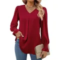 Elegant wine red V-neck satin blouse with smocked cuffs and long sleeves for women - S / Tops / Burgundy