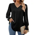 Elegant black V-neck satin blouse with smocked ruffle sleeves for women's casual wear - S / Tops / Black
