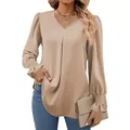 Elegant beige satin long sleeve blouse with a V-neck and stylish smocked bell cuffs. - Khaki