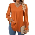 Elegant orange satin V-neck blouse with flared shirred cuffs and pleated front detail - Orange