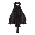 Elegantes schokoladenbraunes Neckholder-Top mit mehrlagigem Rüschendesign für Damen - XS / Oberteile / Dunkelbraun