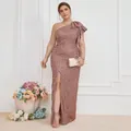 Elegantes Abendkleid mit Pailletten in Roségold mit Schlitz und Rüschendetail - 0XL / Oberteile / Lotosrosa