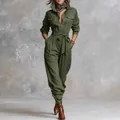 Combinaison chic à manches longues vert olive avec revers et ceinture pour femme - L / Haut et Bas / Vert Militaire
