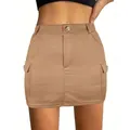 Close-up front view of khaki cargo mini skirt featuring large flap side pockets - S / Bottoms / Khaki (PH2307020)