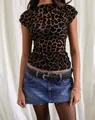 Stylish leopard print sheer mesh short sleeve T-shirt for women in slim fit cropped design - S / Tops / Leopard Print (Black 1)
