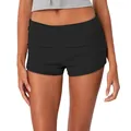 Front view detail of women's black fold-over waistband casual tight yoga shorts. - Black