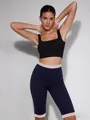 Detailansicht der dunkelblauen Leggings mit weißer Spitze und elastischem Bund - S / Unterteile / Blau