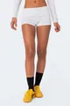 Detailed view showing the fit of grey heathered fold-over waist mini shorts on model - S / Bottoms / Light Gray