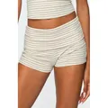 Detail of beige and white striped fold-over waist mini shorts and crop top - Khaki