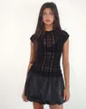 Detailed look at the sexy black sheer lace t-shirt featuring a geometric grid pattern - S / Tops / Grid Print (Black 2)