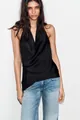 Close-up of black satin halter top with elegant draped cross-over V-neck design - S / Tops / Black