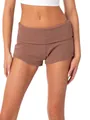 Brown slim fit ribbed yoga shorts with fold-over waist for women - S / Bottoms / Tan