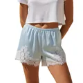 Detail shot of light blue satin shorts featuring elegant white lace trim at the hem - S / Top And Bottom / Blue