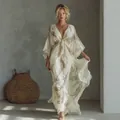 Vestido largo bohemio con cuello en V, estampado de plumas y mangas murciélago para viaje - 2XL / Parte Superior Y Inferior / Blanco Roto