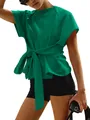 Detail view of green women's summer top featuring a front tie-waist bow and round neck. - S / Tops / Green