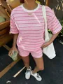 Detailed view of pink and white striped knit short set with casual summer styling - S / Top And Bottom / Pink