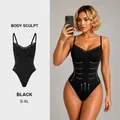 Detail showing black lace bodysuit shapewear with tummy control effect on a model. - S / Top And Bottom / Black