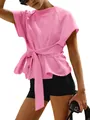 Detail of pink summer top showing the stylish tie-waist bow and loose fit design - S / Tops / Pink