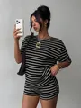 Fashionable black and white striped short sleeve top and matching shorts set for women - S / Top And Bottom / Black
