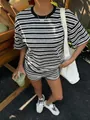 Casual black and white striped two-piece knit set featuring t-shirt and shorts for summer - S / Top And Bottom / Black