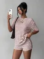 Detailed view of the red and white striped two-piece summer casual set for women - S / Top And Bottom / Red