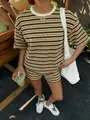 Casual women's striped knit two-piece set with short sleeve top and matching shorts - S / Top And Bottom / Khaki