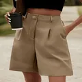 Loszittende dames short met hoge taille en plooien in kaki voor casual zomerstijl - Khaki