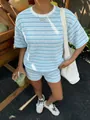 Detailed view of a blue and white striped knit summer set styled with a white tote bag - S / Top And Bottom / Sky Blue