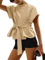 Detail shot of a khaki round neck short sleeve sweatshirt with front tie bow detail. - S / Tops / Khaki