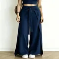 Schicke marineblaue Weite Hose mit hohem Bund, vorderen Schlitzen und stylischem Bindegürtel - Marineblau