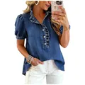 Primo piano di camicia di jeans da donna con colletto a balze e maniche a sbuffo - Taglia S / Top / Blu scuro