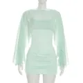 Detail of mint green ruched mini dress with semi-sheer long sleeve shawl set. - S / Top And Bottom / Mint Green