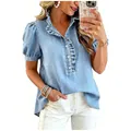 Camicia di jeans lavaggio chiaro da donna con balze eleganti e maniche a sbuffo - Taglia S / Top / Azzurro