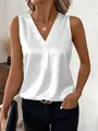 Detailed view of women's elegant white V-neck sleeveless satin blouse on model - S / Tops / White