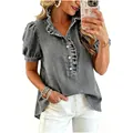 Camicia in denim lavato grigio con colletto a balze e maniche a sbuffo da donna - Taglia S / Top / Grigio